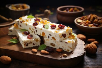 A captivating view of a traditional nougat, packed with a mix of nuts and dried fruits, resting on a rustic wooden table