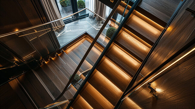 A chic Neon staircase with rich dark wood steps set against light oak walls, complemented by glass railings and atmospheric LED lighting.