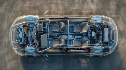 Top view. Electric Car with Visible Chassis - obrazy, fototapety, plakaty
