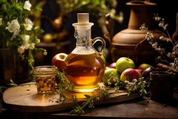A beautifully lit organic apple cider vinegar bottle in a rustic kitchen setting with fresh apples in the background