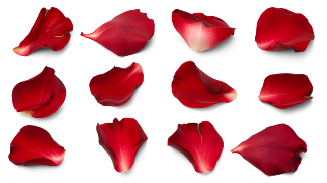 Set of red rose flowers petals isolated on transparent background.