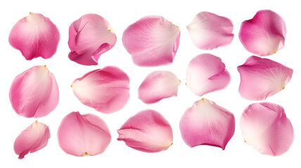 Set of pink rose flowers petals isolated on transparent background. - obrazy, fototapety, plakaty