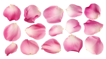 Set of pink rose flowers petals isolated on transparent background.