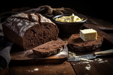 A loaf of traditional Pumpernickel bread, a bowl of butter and a bread knife on a rustic table setting