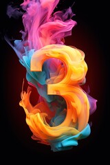 Colorful number three with vibrant smoke on black background. Symbol 3. Invitation for a third birthday party, business anniversary, or any event celebrating a third milestone. - obrazy, fototapety, plakaty