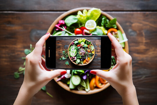 hand take photo of healthy food with mobile phone