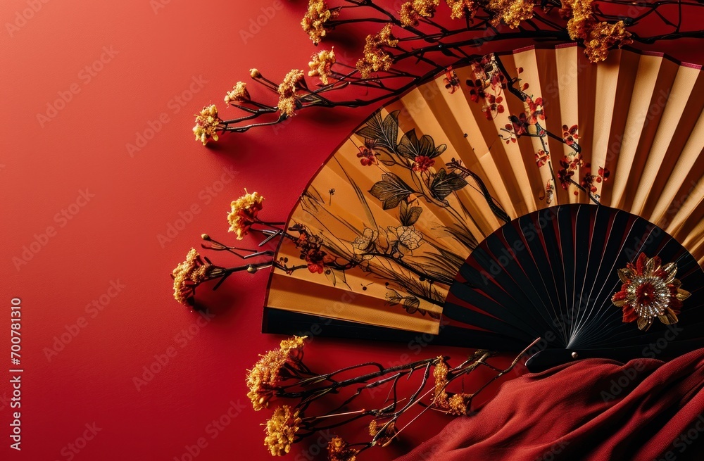 Canvas Prints the paper fan with flowers on red background