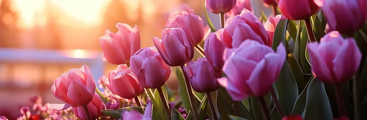 Tuinposter the pink tulips in a bed are in front of a sunset scene, © olegganko