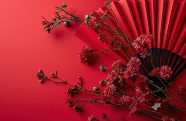 the paper fan with flowers on red background