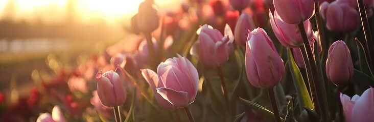 the pink tulips in a bed are in front of a sunset scene,
