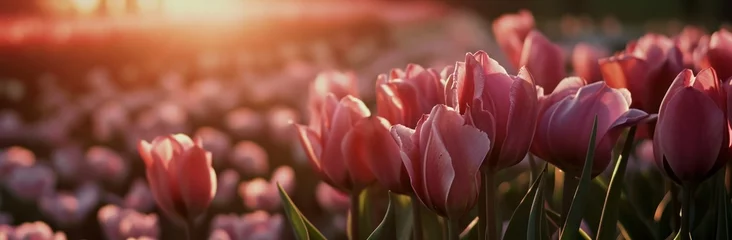 Gordijnen the pink tulips in a bed are in front of a sunset scene, © olegganko