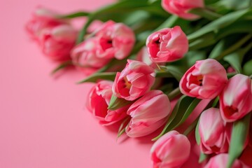 Obraz premium tulips in shades of pink arrangement in pink background top view