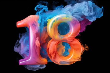 Colorful number eighteen with vibrant smoke on black background. Symbol 18. Invitation for a eighteenth birthday party or business anniversary. Neon light and colors.