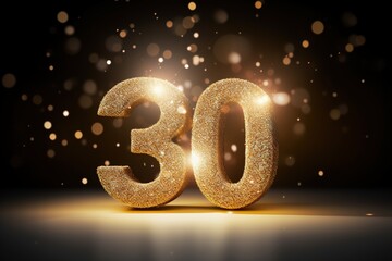 Golden sparkling number thirty on dark background with bokeh lights. Symbol 30. Invitation for a...