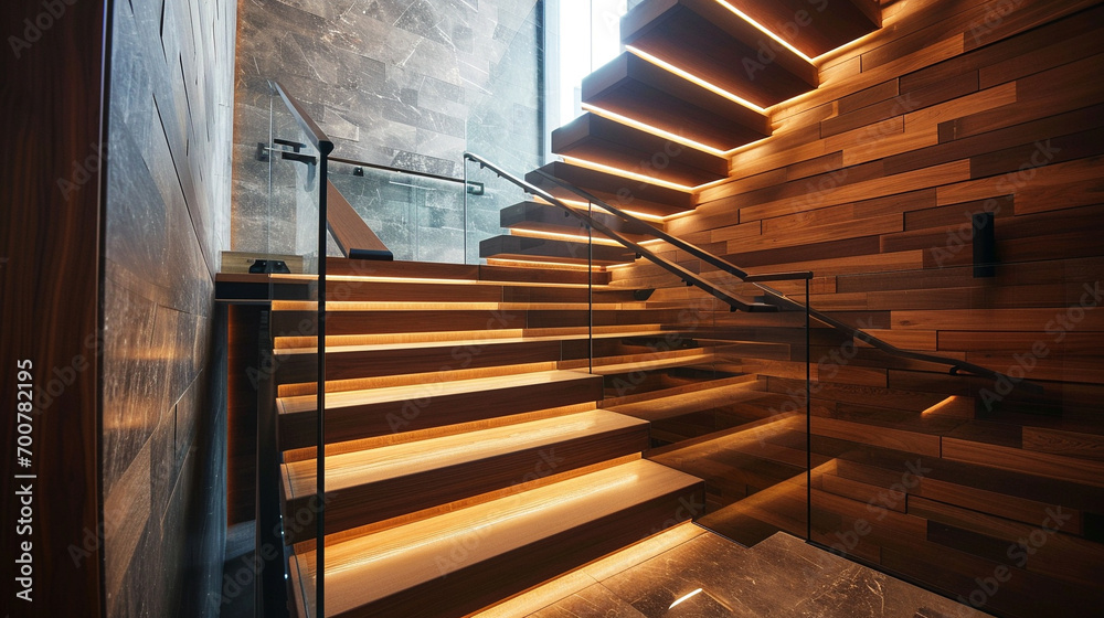 Wall mural A modern wooden staircase with a bold contrast of dark and light wood hues, framed by glass railings and softly lit by LED strips under the handrails. - Wall murals