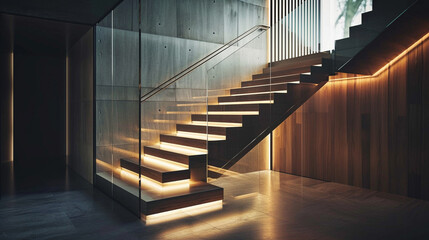 A modern wooden staircase with a bold contrast of dark and light wood hues, framed by glass railings and softly lit by LED strips under the handrails.