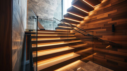 A modern wooden staircase with a bold contrast of dark and light wood hues, framed by glass...