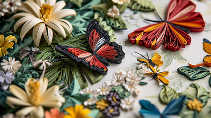 A paper quilling artwork featuring a detailed depiction of a butterfly garden, with various species of butterflies and flowers, against a Toile background with intricate leaf patterns.