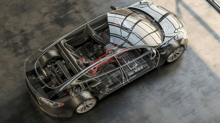 Top view. Electric Car with Visible Chassis