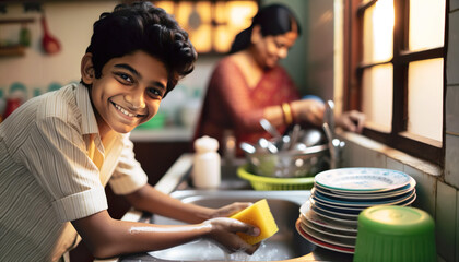 Indian boy washing the dishes in the at home. Children who do chores have higher self-esteem, are more responsible, and are better able to deal with frustration. - obrazy, fototapety, plakaty