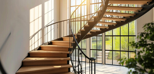 A sleek staircase in light wood with contemporary iron railings, enhancing a bright, airy interior.