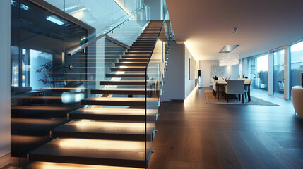 A sleek staircase with alternating dark and light wood treads, glass balustrades, and soft LED...