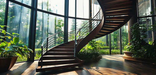 A sophisticated dark wood spiral staircase with minimalist iron railings, set against a backdrop of large windows.