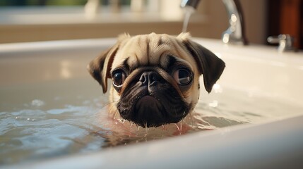 Playful Pug with an Infectious Smile Delighting in a Relaxing Bathtub Experience