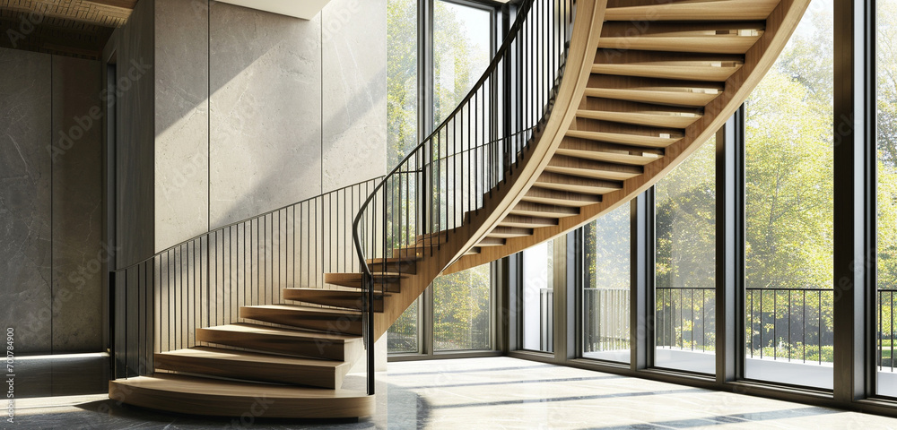 Wall mural A sophisticated staircase in light wood with minimalist iron railings, against a backdrop of expansive windows. - Wall murals