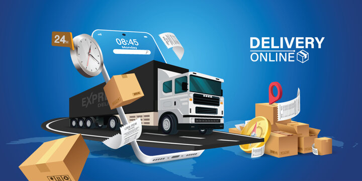 Parcel tracking app. 
delivery truck with cargo box is on a mobile phone. Online Parcel Inspection Concept.Online delivery transport logistics service. Warehouse factory express delivery box.