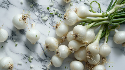 Fresh white onions background. Top view, flat lay.