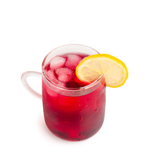 Hibiscus Tea, Dry Rose Drink, Cold Fruit Red Tea in Transparent Mug, Roselle Hibiscus Tea
