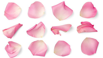Set of pink rose flowers petals isolated on transparent background.