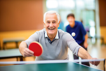 the happiness of a multigenerational family playing table tennis together, with the grandfather sharing his passion for the sport. - obrazy, fototapety, plakaty