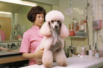 A fluffy white puppy on a grooming table, highlighting the skills of a pet groomer.