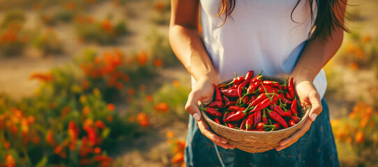 The vibrant red chili peppers, held by a young female farmer, are a testament to the fruitful harvest of spicy and flavorful capsicum.