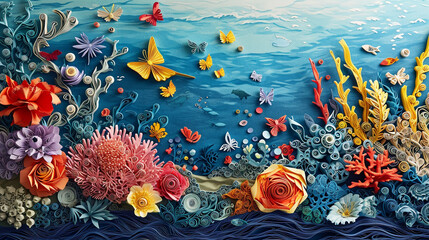 A paper quilling art piece showing a vibrant coral reef with diverse marine life, set against a Toile backdrop that incorporates butterflies as part of the underwater scene.