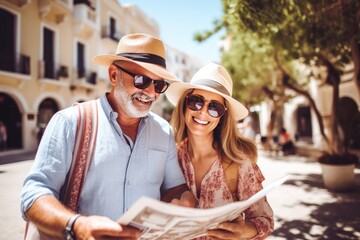 Two mature people looking a map and enjoying summer vacation together