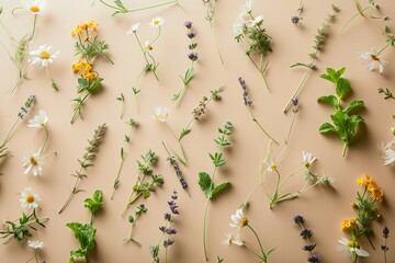 A flat lay of assorted fresh herbs on a beige surface, perfectly arranged for visual appeal and...