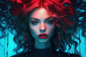 A woman with red hair and blue eyes. Generative AI.