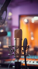 A microphone and recording equipment in a recording studio. Generative AI.