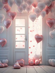Valentine's day concept with pink and white balloons in the room. Generative AI.