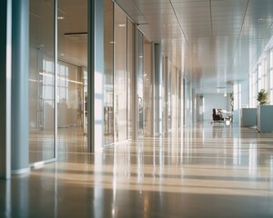 An empty hallway with glass walls and a desk. Generative AI.