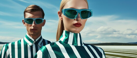 Two people wearing sunglasses in a field. Generative AI.