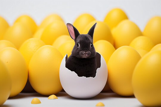 Bunny emerging from a cracked white egg amidst numerous yellow eggs.