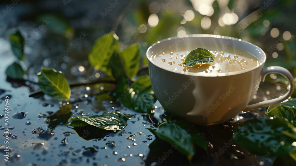 Canvas Prints A cup of tea with leaves on the surface. Generative AI.