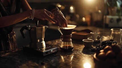 A woman's hands, with a wrist full of delicate bracelets, pouring coffee into a moka pot, on an elegant ,dark kitchen countertop.  - obrazy, fototapety, plakaty