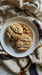 Fototapeta na wymiar Two homemade cookies on a plate on a table. Generative AI.