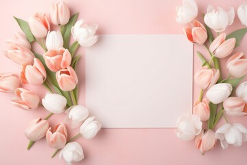 Beautiful pink and wight tulips on pastel pink background. Concept Women's Day, March 8. 8th march. Flat lay, top view, copy space