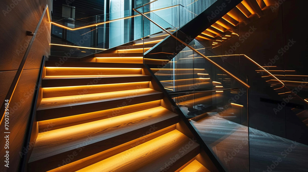 Wall mural An elegant Neon staircase in a blend of dark ebony and light maple woods, with clear glass sides and soft LED strip lighting beneath the handrails. - Wall murals